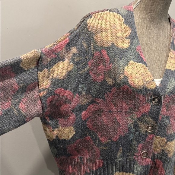 Zara Floral Knit Cardigan L Grey Pink Oversized Button Front - Picture 5 of 14